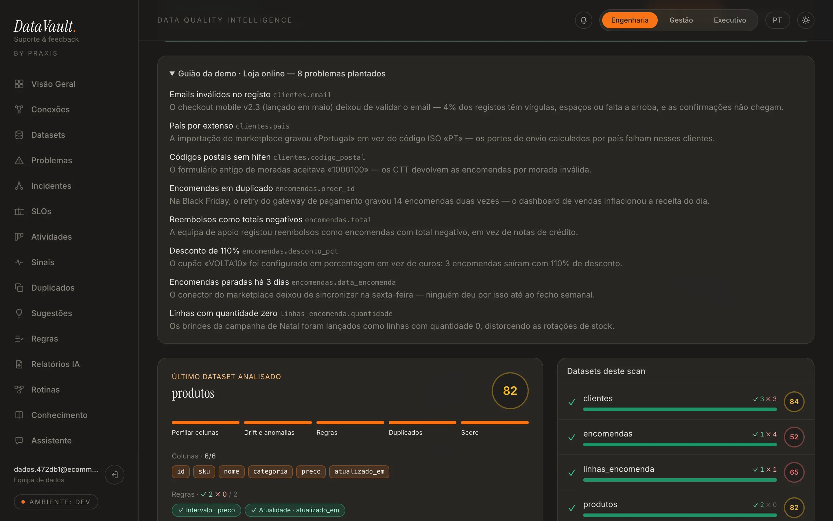Cada problema plantado vinculado a la historia que lo explica — el rojo en pantalla con un incidente plausible detrás.