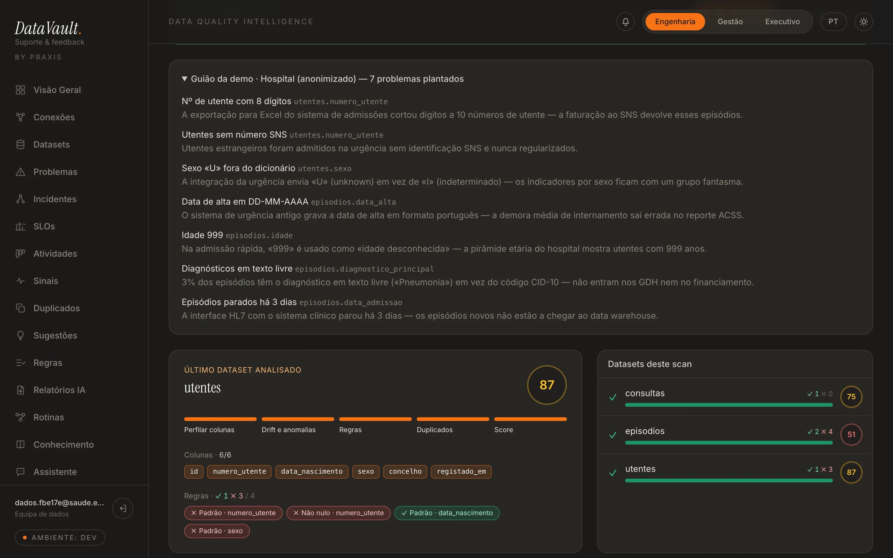 Cada problema plantado vinculado a la historia que lo explica — el rojo en pantalla con un incidente plausible detrás.